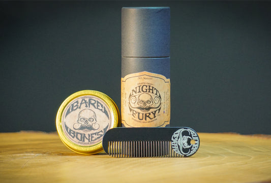The Ultimate Grooming Trio: Bare Bones Mustache Wax, Death Grip Mustache and Beard Pocket Comb, and Night Fury Mustache Wax Oil Remover