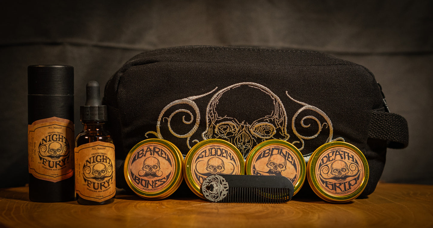 Mustache Kit w/ Small Travel Bag, 4 Mustache Waxes, 1 Pocket Comb, and Night Fury Mustache Wax Remover Oil