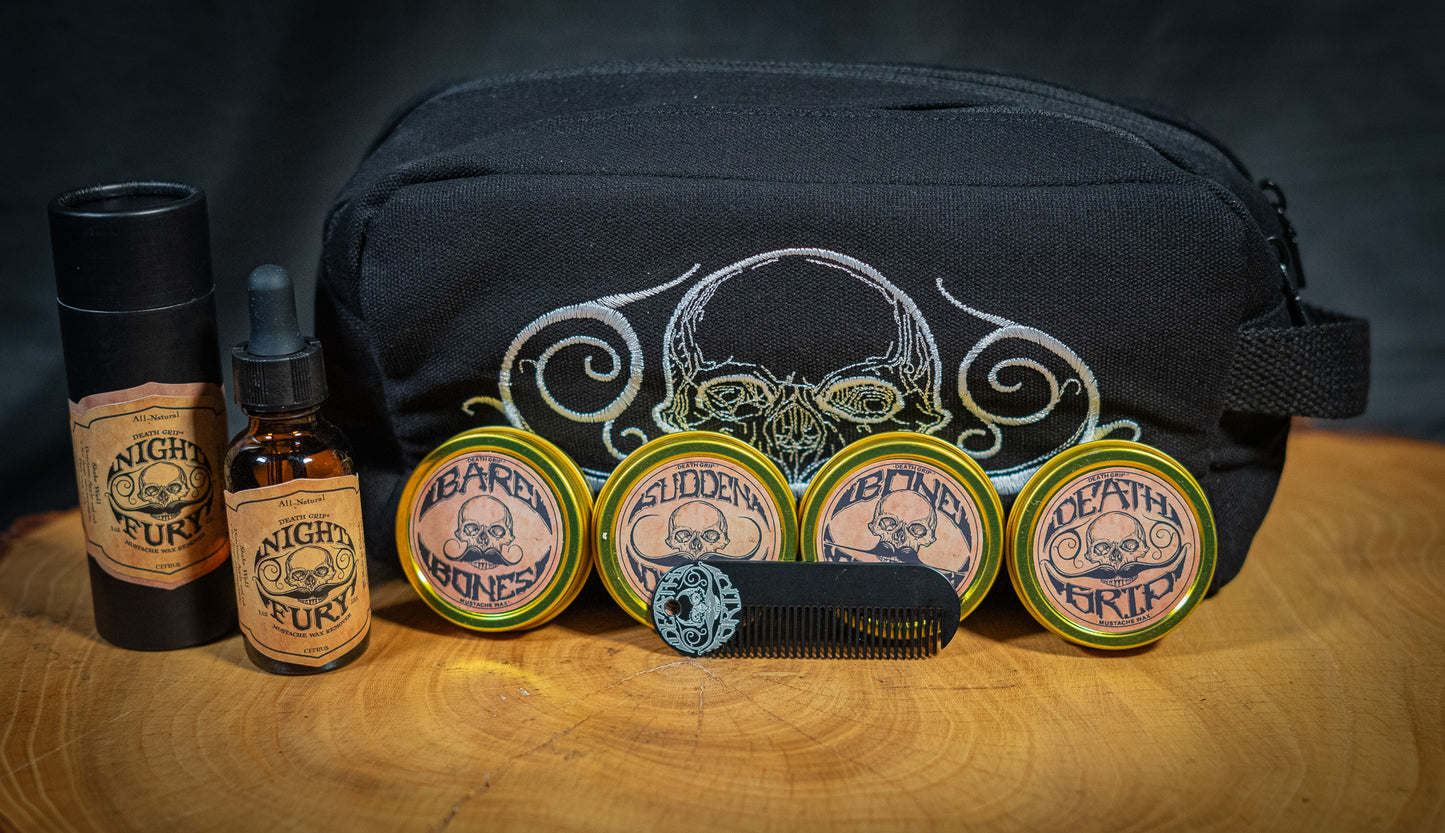Mustache Kit w/ Small Travel Bag, 4 Mustache Waxes, 1 Pocket Comb, and Night Fury Mustache Wax Remover Oil