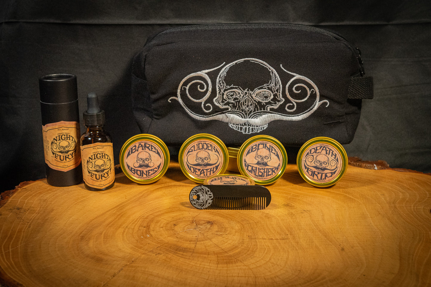 Mustache Kit w/ Small Travel Bag, 4 Mustache Waxes, 1 Pocket Comb, and Night Fury Mustache Wax Remover Oil