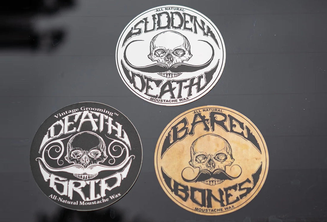 Death Grip Sudden Death Bare Bones Mustache Wax Bumper Sticker Trio Decals