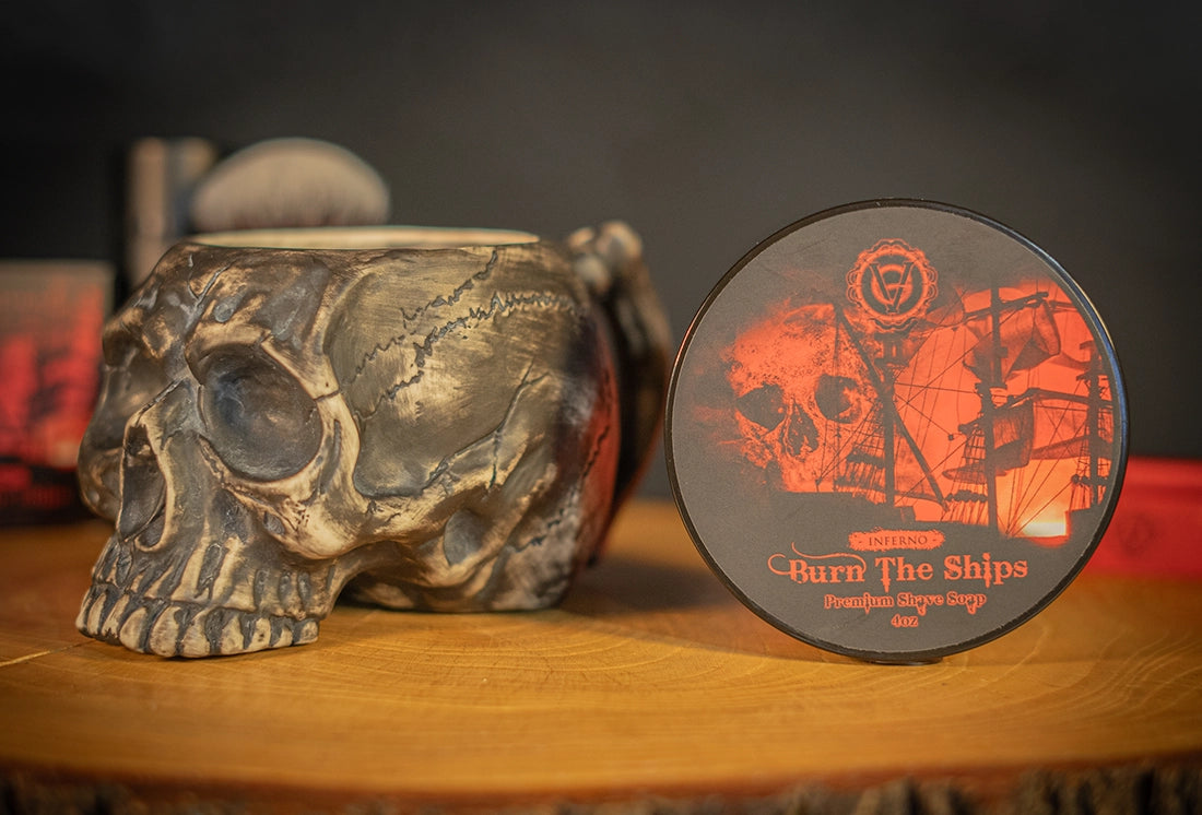 Burn The Ships Skull Lather Bowl and Shave Cream Set | 4oz Premium Shave Cream & Handmade Ceramic Skull Lather Bowl