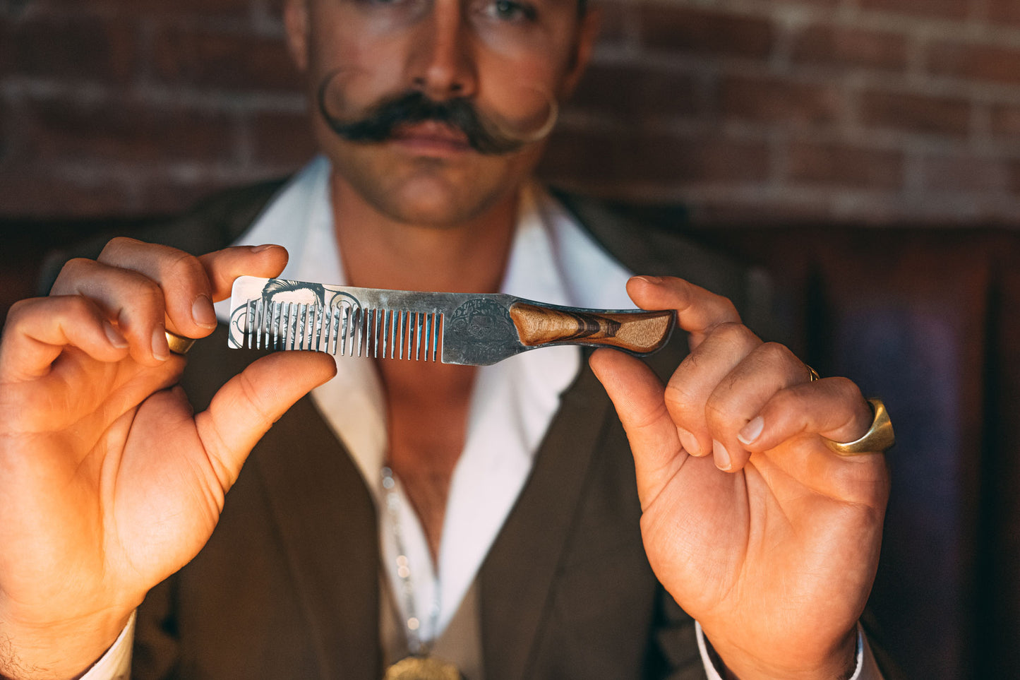 Hair Comb Steel Metal Handcrafted with Wood Handle