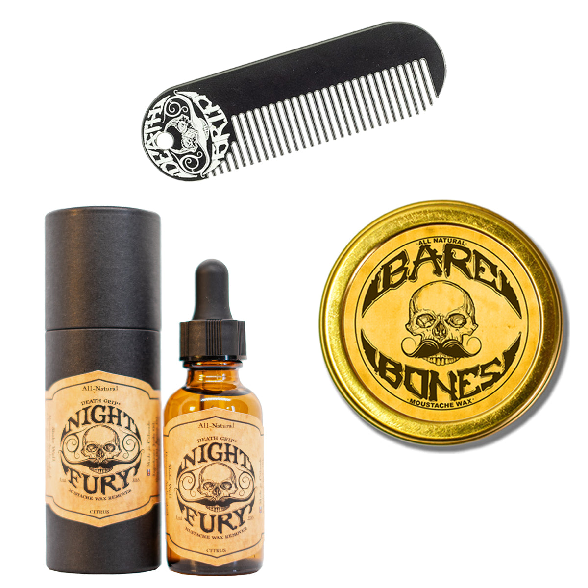 The Ultimate Grooming Trio: Bare Bones Mustache Wax, Death Grip Mustache and Beard Pocket Comb, and Night Fury Mustache Wax Oil Remover