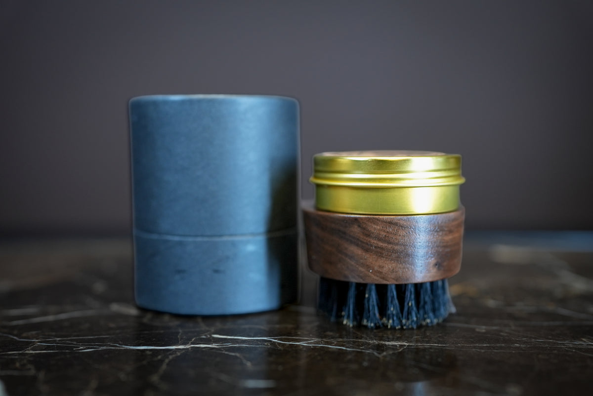 Small round boar brush and Defender Mustache Balm