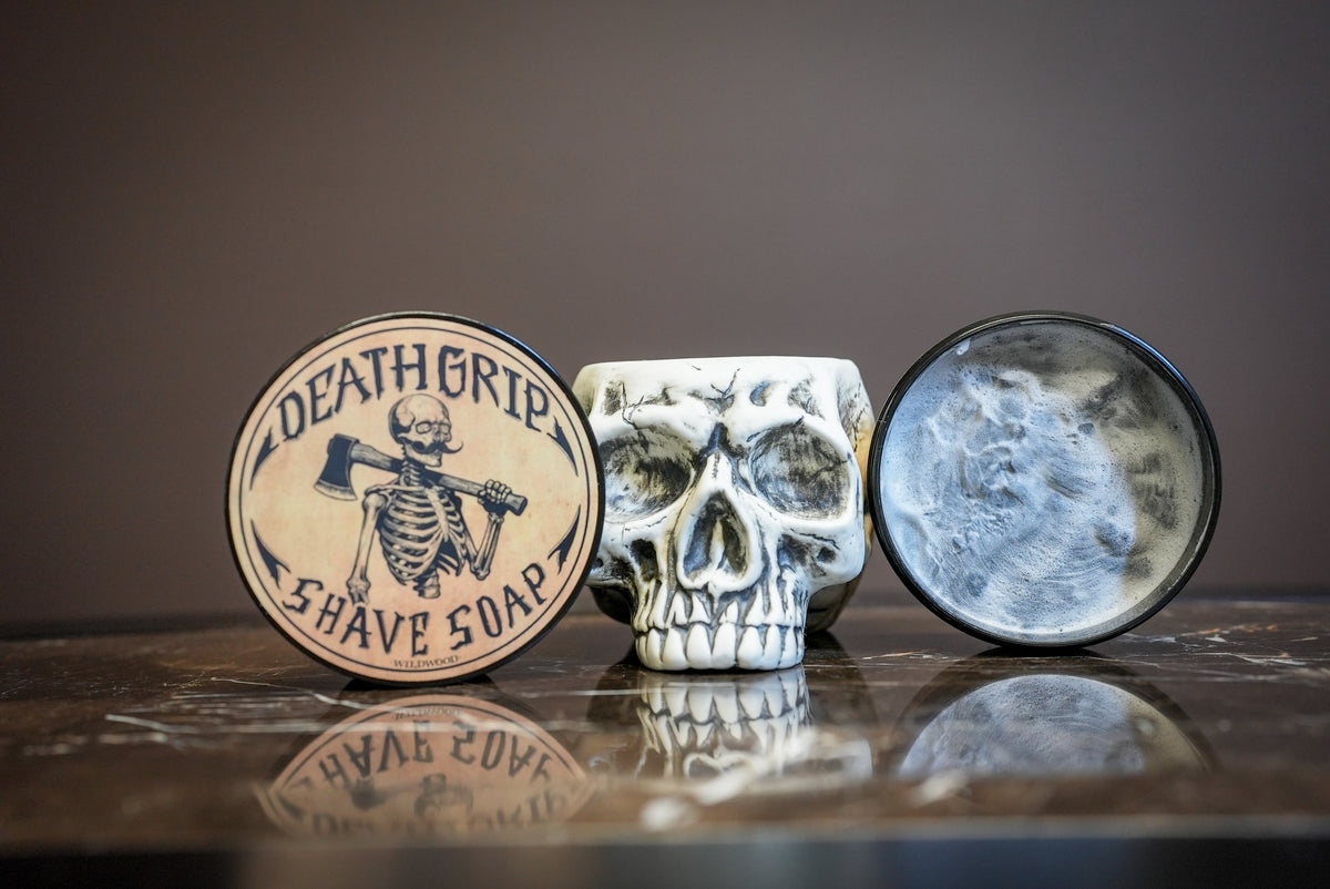 White Skull Lather Bowl and Wildwood Shave Soap Set | 4oz Premium Wildwood Shave Cream & Handmade Ceramic Skull Lather Bowl