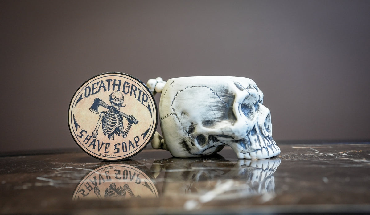 White Skull Lather Bowl and Wildwood Shave Soap Set | 4oz Premium Wildwood Shave Cream & Handmade Ceramic Skull Lather Bowl