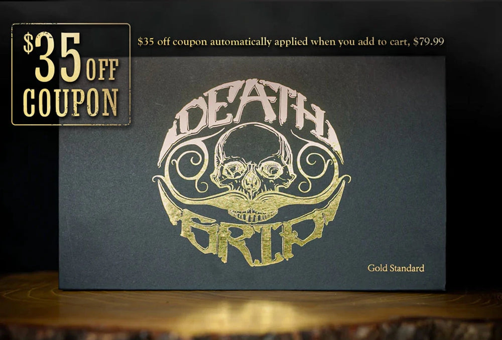 Death Grip Gold Standard mustache grooming kit box displayed with $35 off coupon offer