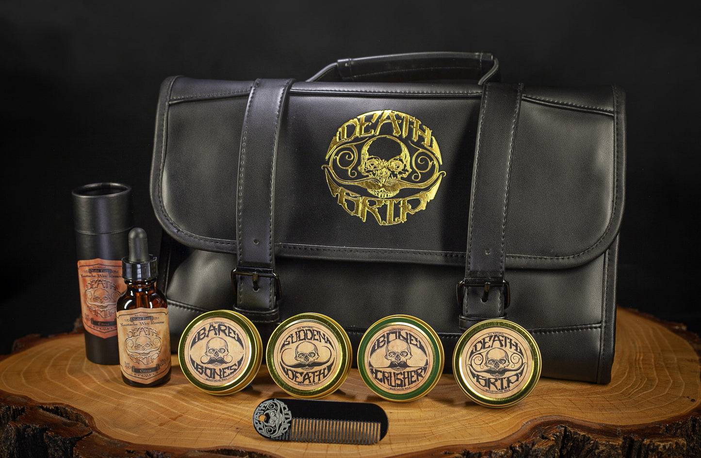 Death Grip Saddle Bag Mustache Kit | Includes 4 Mustache Waxes, Night Fury, Pocket Comb & Large Travel Dopp Kit