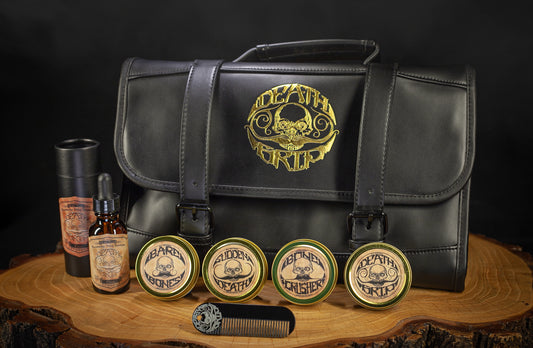 Death Grip Saddle Bag Mustache Kit | Includes 4 Mustache Waxes, Night Fury, Pocket Comb & Large Travel Dopp Kit