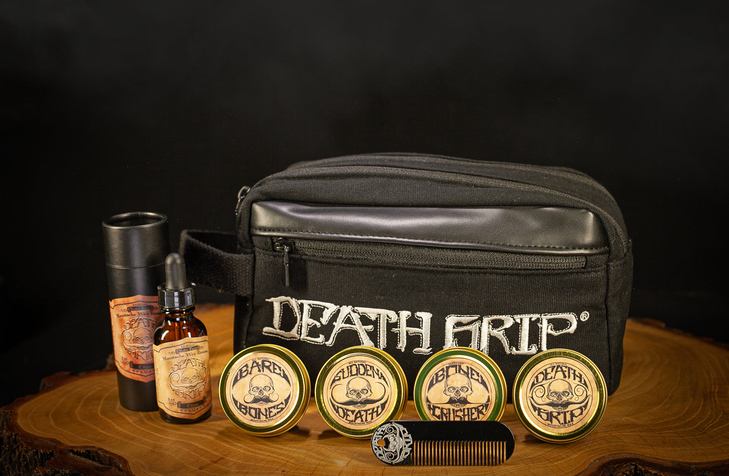 Mustache Kit w/ Small Travel Bag, 4 Mustache Waxes, 1 Pocket Comb, and Night Fury Mustache Wax Remover Oil