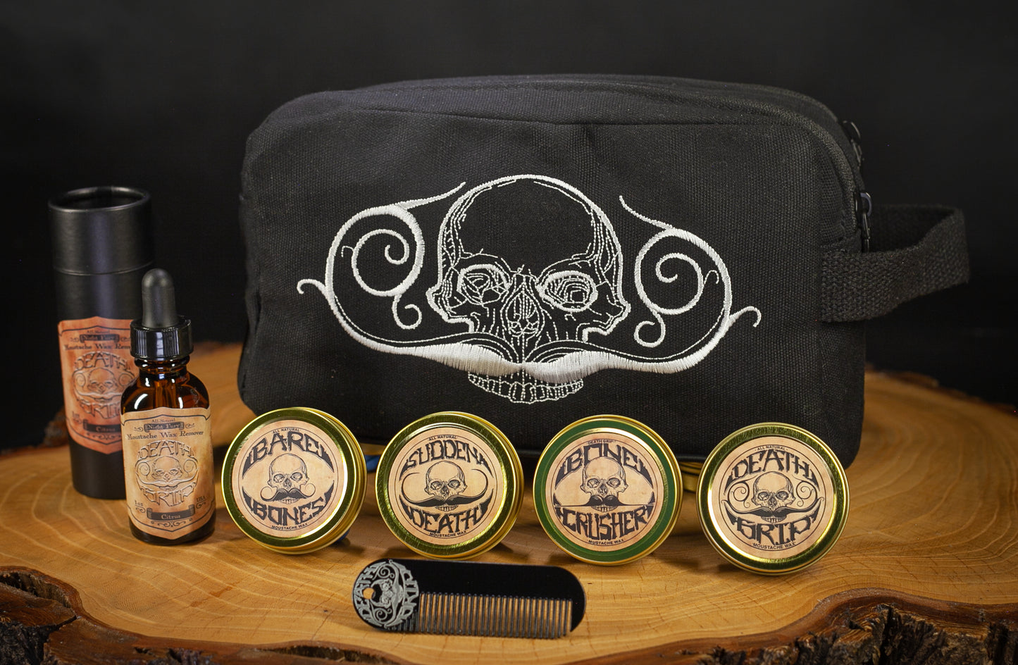 Mustache Kit w/ Small Travel Bag, 4 Mustache Waxes, 1 Pocket Comb, and Night Fury Mustache Wax Remover Oil