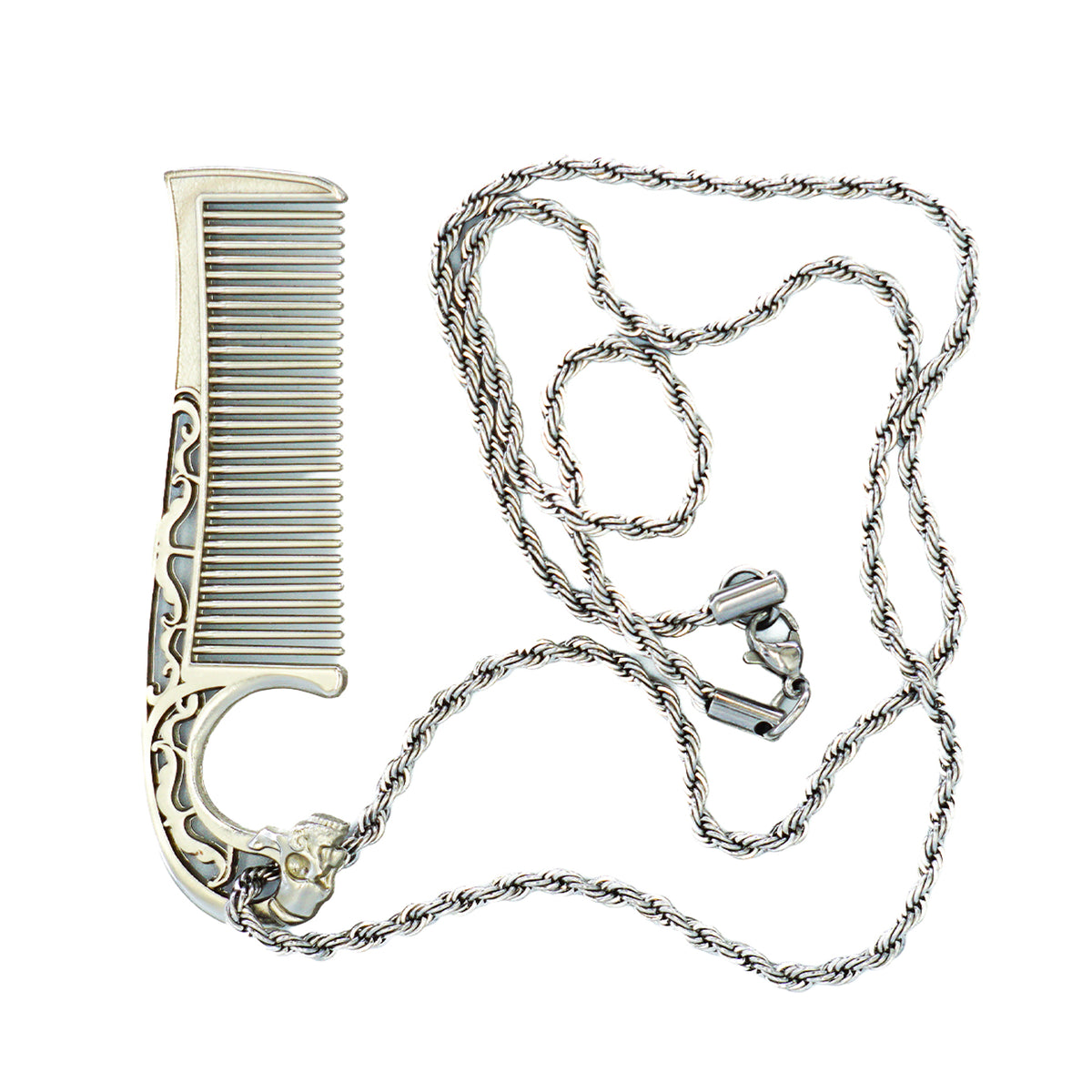 Metal Mustache Comb Necklace on a white background