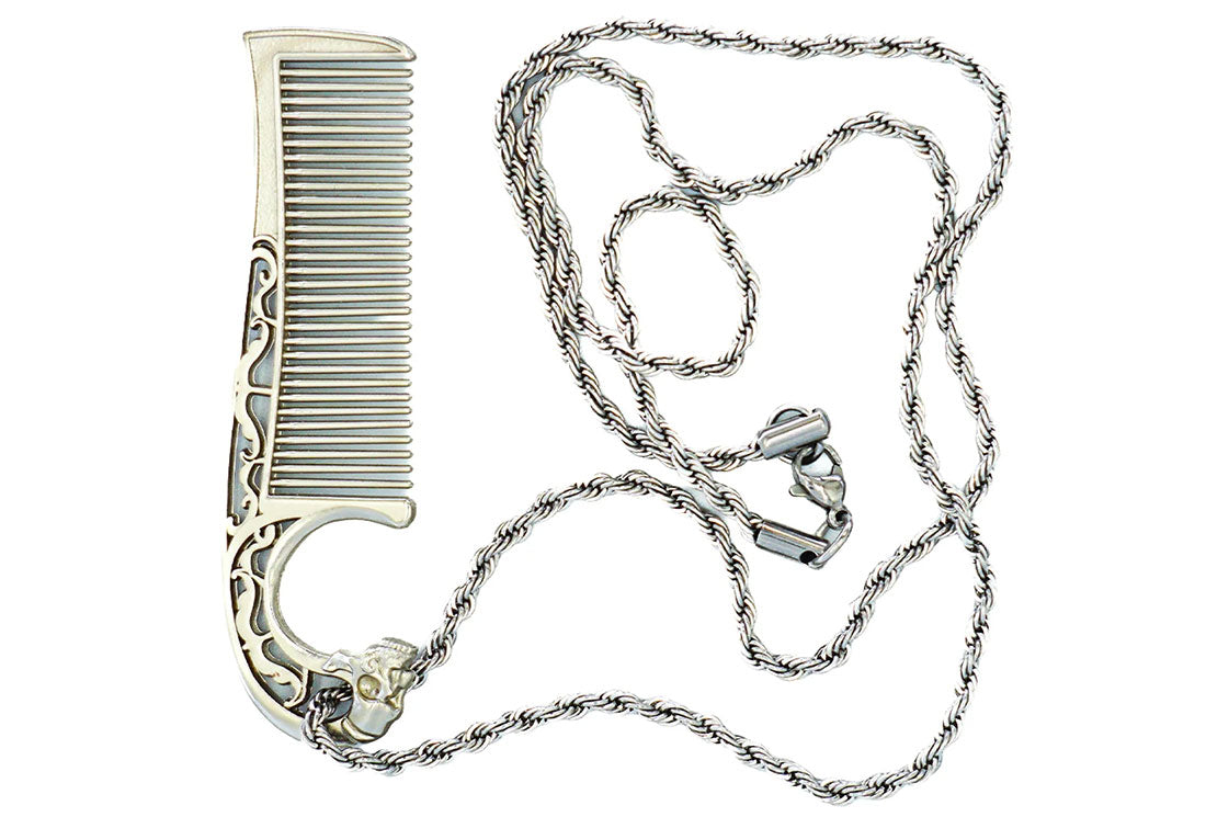 Metal Mustache Comb Necklace – Dual-Sided Comb for Men, Fine & Wide Teeth for Precise Styling – Durable, Compact, Travel-Friendly Grooming Tool for Facial Hair Care