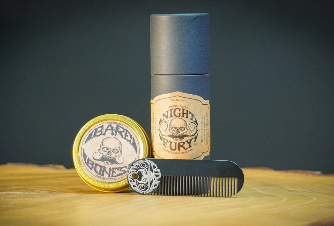 The Ultimate Grooming Trio: Bare Bones Mustache Wax, Death Grip Mustache and Beard Pocket Comb, and Night Fury Mustache Wax Oil Remover