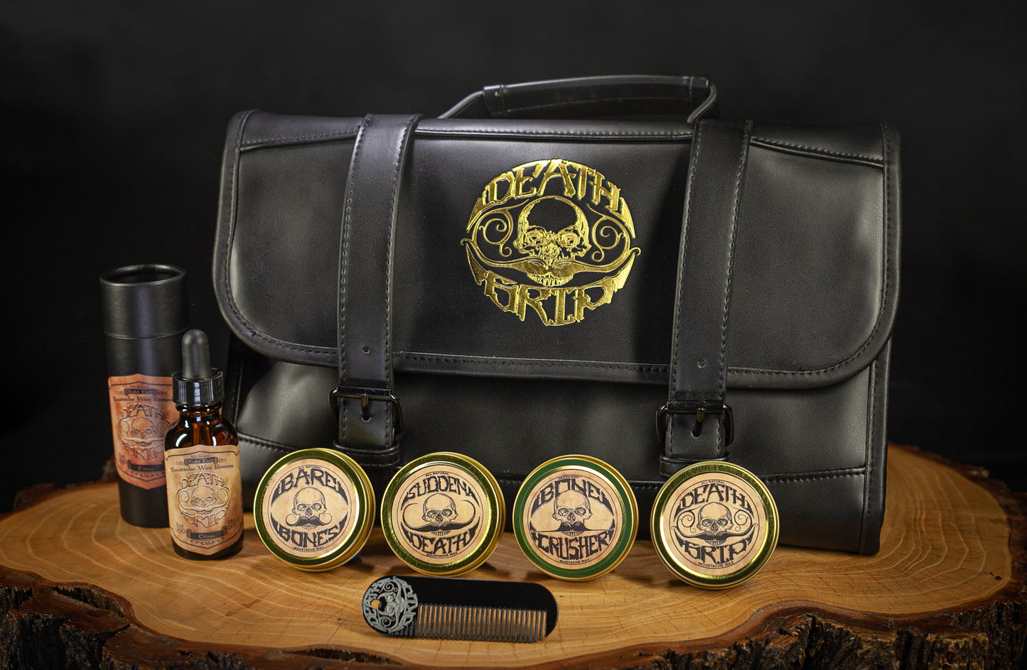 Death Grip Saddle Bag Mustache Kit | Includes 4 Mustache Waxes, Night Fury, Pocket Comb & Large Travel Dopp Kit