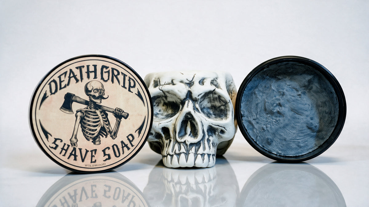 White Skull Lather Bowl and Wildwood Shave Soap Set | 4oz Premium Wildwood Shave Cream & Handmade Ceramic Skull Lather Bowl
