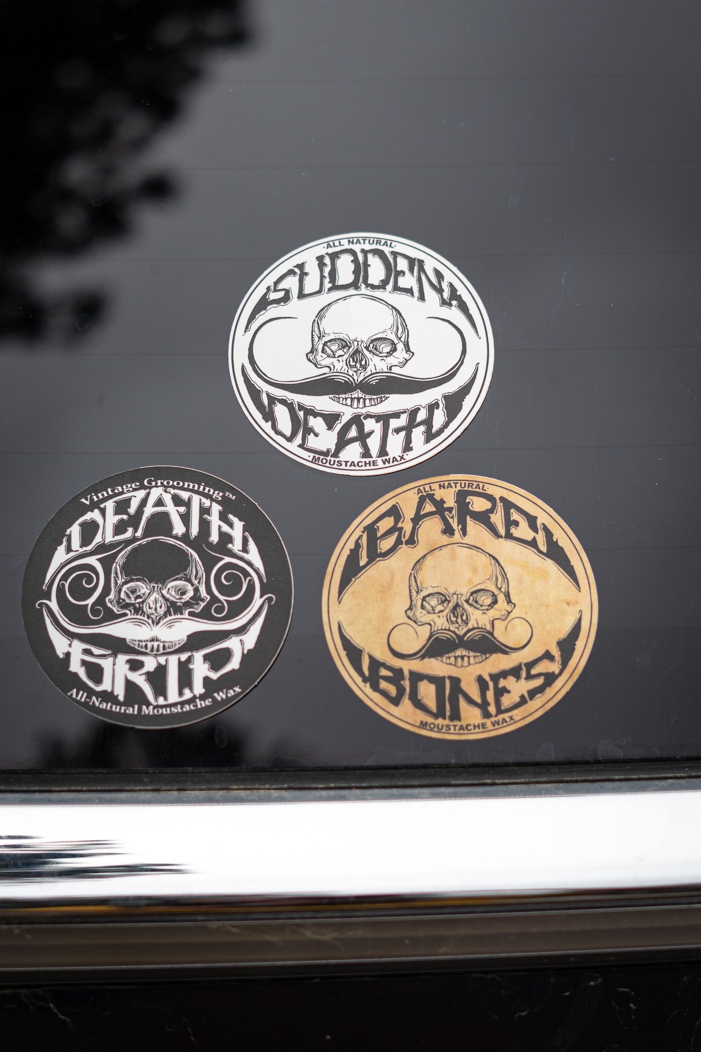 Death Grip Sudden Death Bare Bones Mustache Wax Bumper Sticker Trio Decals